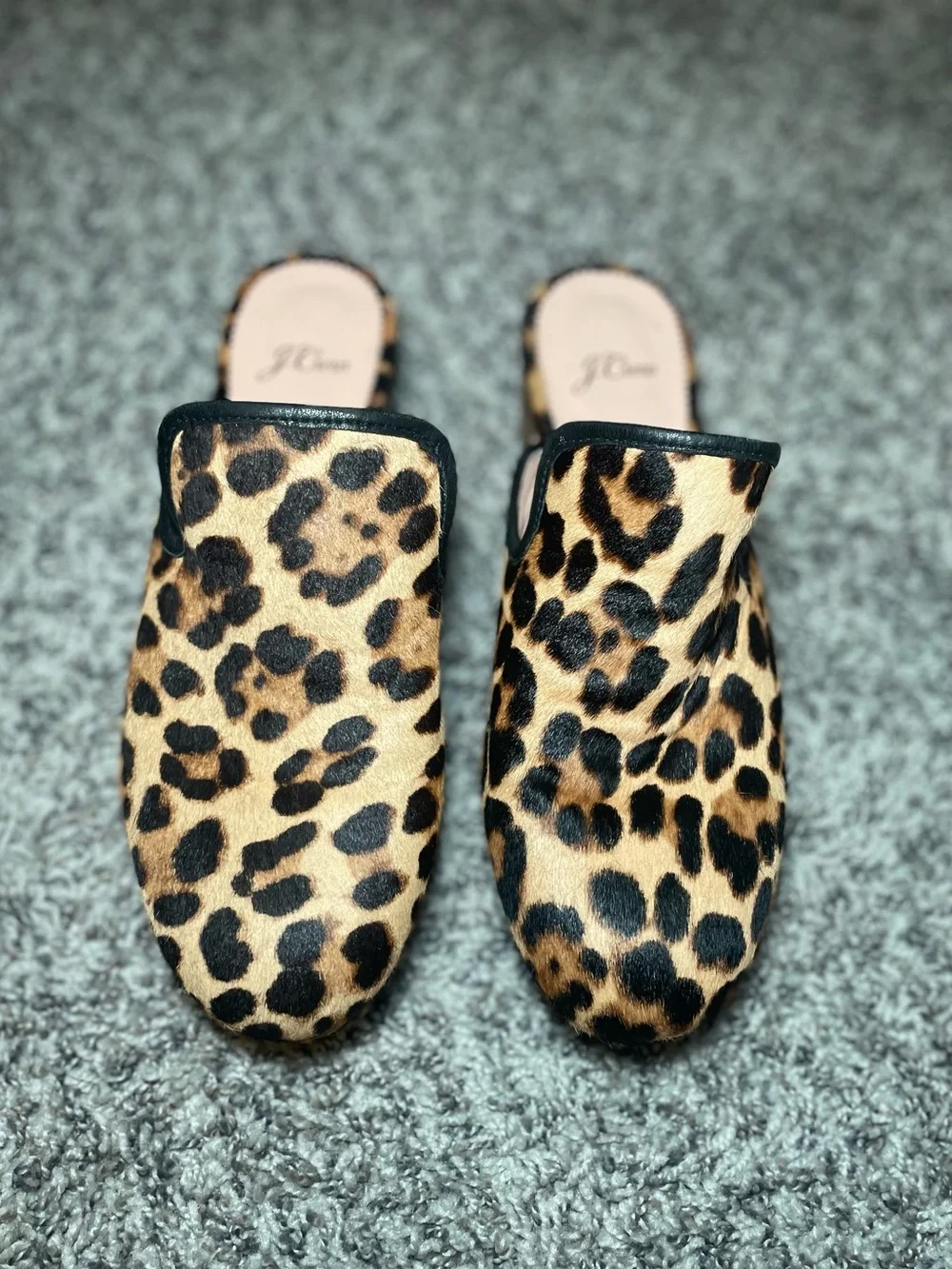 J Crew Leopard Print Calf Hair Wood Clog Leather Slip On Studded Mules Sz 8.5